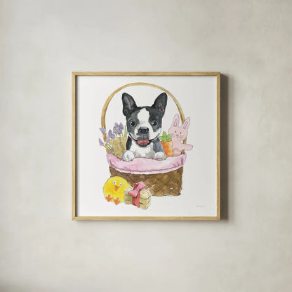 Easter Pups VII by Beth Grove. Shown in a natural wood glass frame for a timeless modern aesthetic. Available as an archival giclee rolled canvas, fine art paper, or poster print. SKU 35920a.