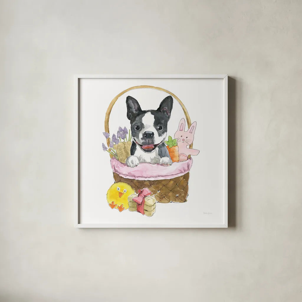 Easter Pups VII by Beth Grove. Shown in a crisp white glass frame for a clean and minimalist style. Available as an archival giclee rolled canvas, fine art paper, or poster print. SKU 35920a.