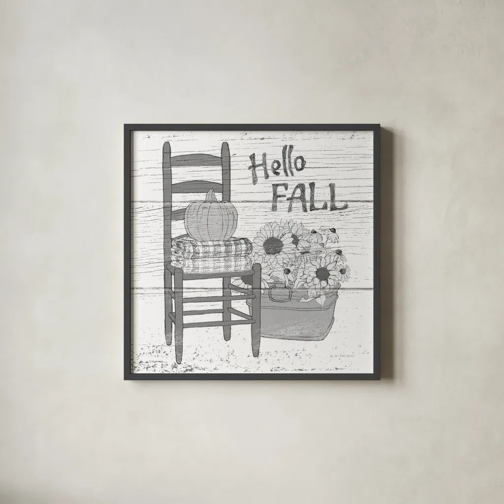 Fall Cabin III by Beth Grove. Shown in a sleek black glass frame for a contemporary gallery look. Available as an archival giclee rolled canvas, fine art paper, or poster print. SKU 35500a.