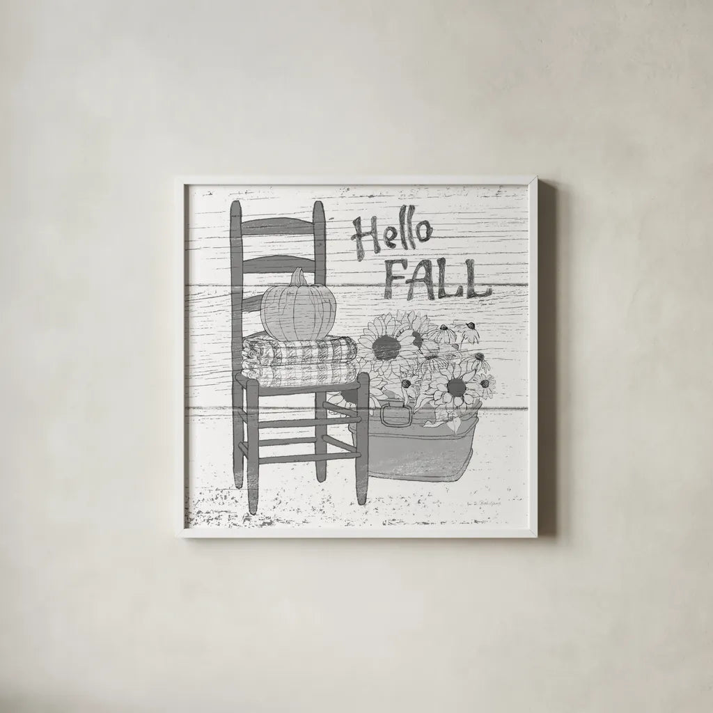 Fall Cabin III by Beth Grove. Shown in a crisp white glass frame for a clean and minimalist style. Available as an archival giclee rolled canvas, fine art paper, or poster print. SKU 35500a.