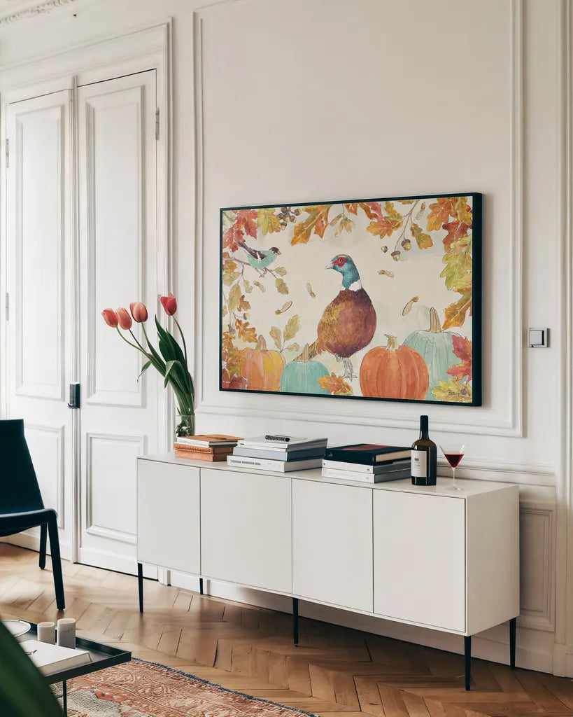 Falling for Fall II by Beth Grove. shown as a framed stretched canvas in a living room above a console. Available as a archival giclee rolled canvas, fine art paper, or poster print. SKU 43735i.