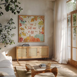 Falling for Fall III by Beth Grove. Shown in a natural wood frame in a cozy modern living room. Available as an archival giclee rolled canvas, fine art paper, or poster print. SKU 43736a.
