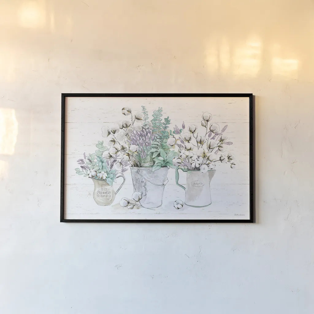 Farmhouse Cotton I by Beth Grove. shown as a paper print in a black flame. Available as a archival giclee rolled canvas, fine art paper, or poster print. SKU 50895i.