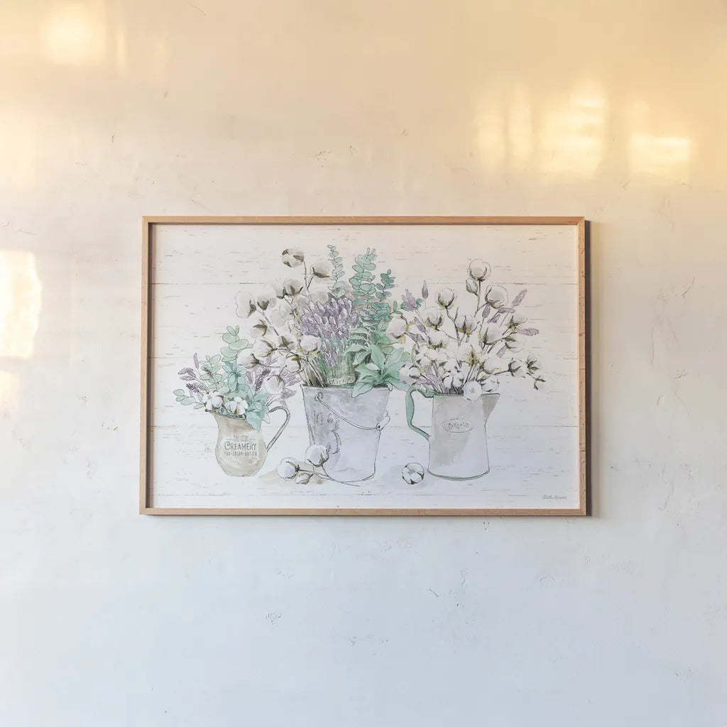 Farmhouse Cotton I by Beth Grove. shown as a paper print in a natural frame. Available as a archival giclee rolled canvas, fine art paper, or poster print. SKU 50895i.