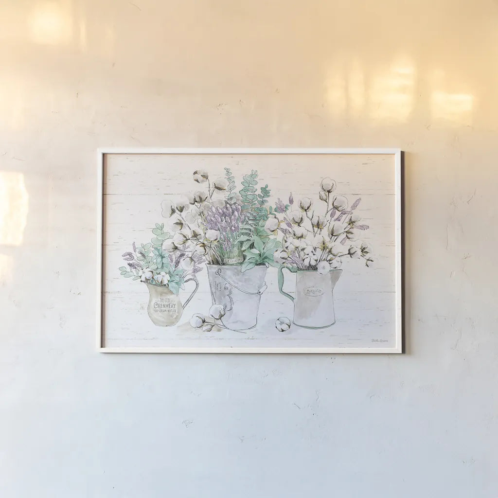 Farmhouse Cotton I by Beth Grove. shown as a paper print in a white frame. Available as a archival giclee rolled canvas, fine art paper, or poster print. SKU 50895i.