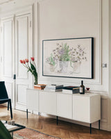 Farmhouse Cotton I Sage by Beth Grove. shown as a framed stretched canvas in a living room above a console. Available as a archival giclee rolled canvas, fine art paper, or poster print. SKU 57448i.