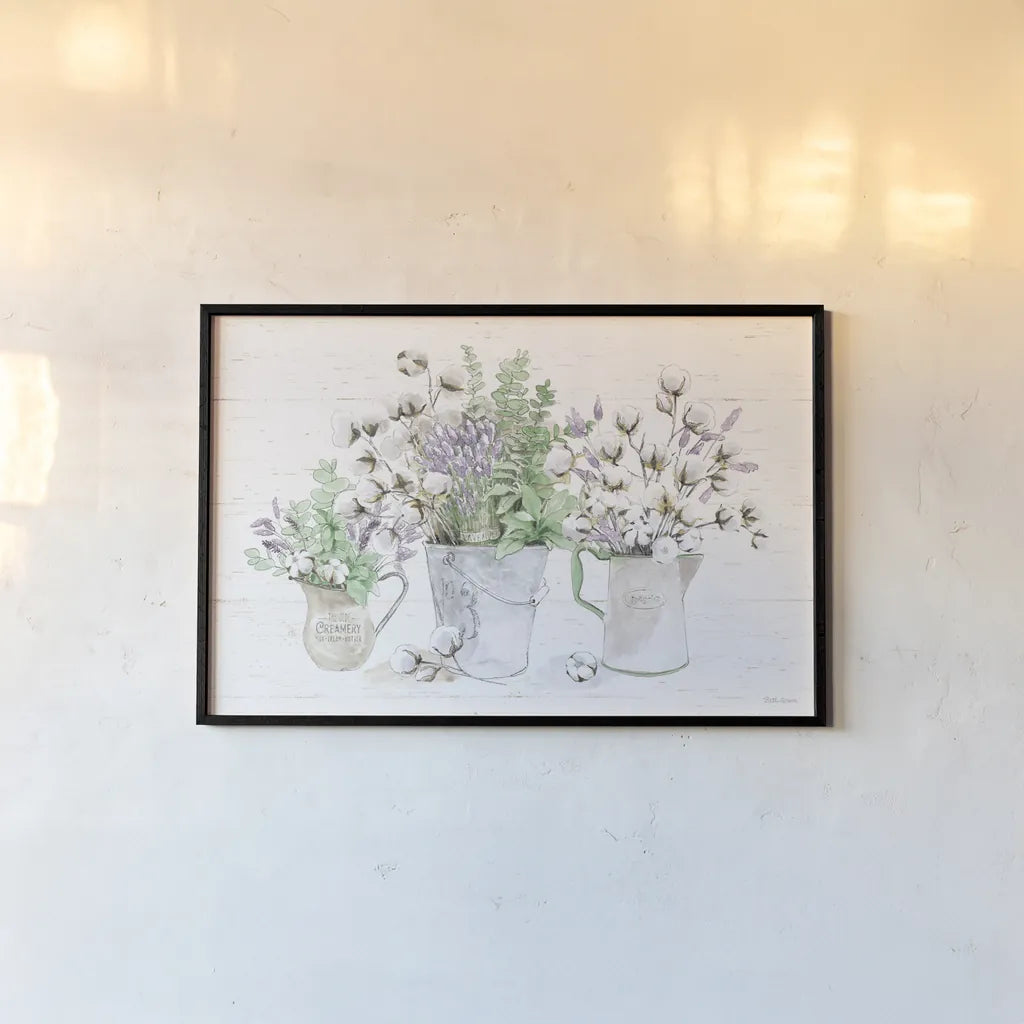 Farmhouse Cotton I Sage by Beth Grove. shown as a paper print in a black flame. Available as a archival giclee rolled canvas, fine art paper, or poster print. SKU 57448i.