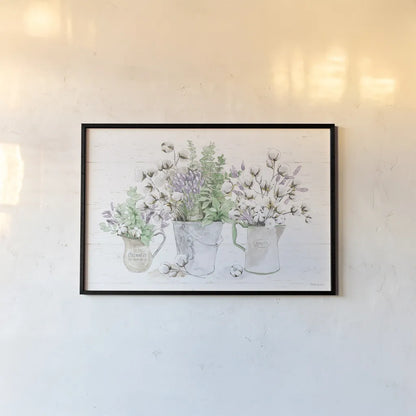 Farmhouse Cotton I Sage by Beth Grove. shown as a paper print in a black flame. Available as a archival giclee rolled canvas, fine art paper, or poster print. SKU 57448i.