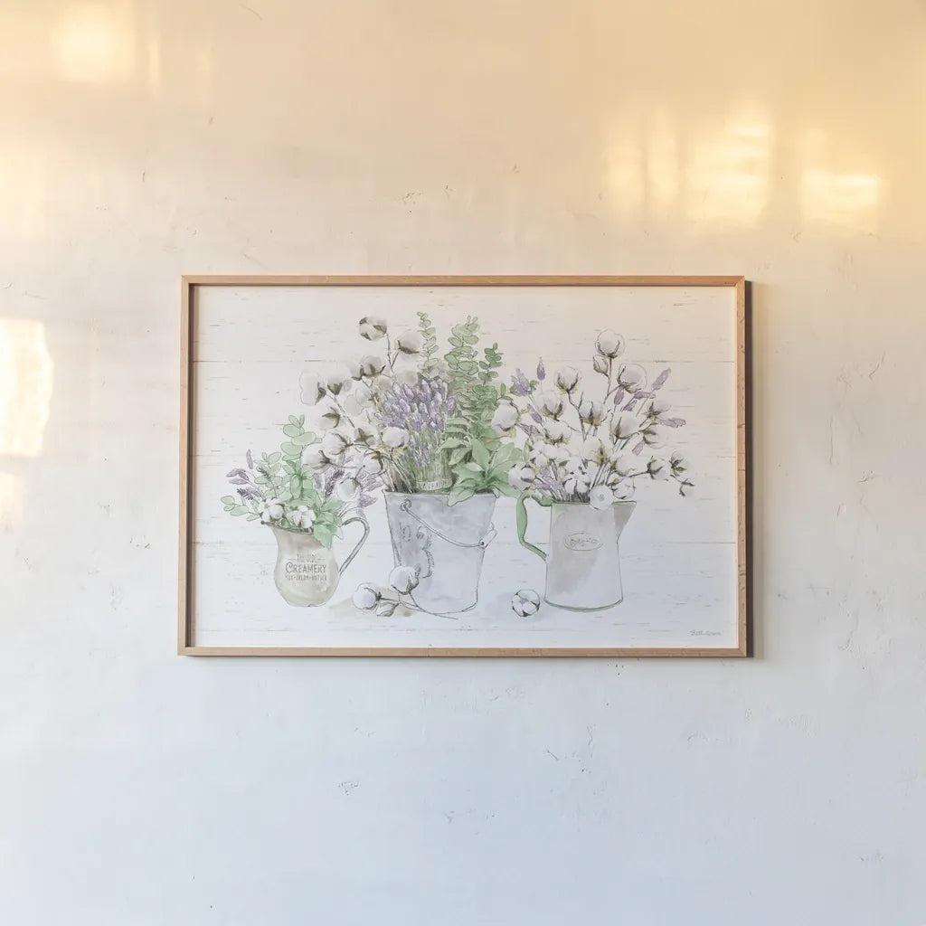 Farmhouse Cotton I Sage by Beth Grove. shown as a paper print in a natural frame. Available as a archival giclee rolled canvas, fine art paper, or poster print. SKU 57448i.