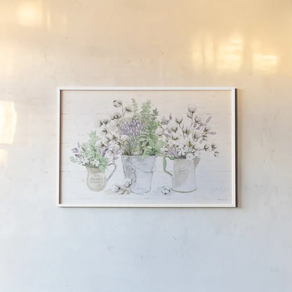 Farmhouse Cotton I Sage by Beth Grove. shown as a paper print in a white frame. Available as a archival giclee rolled canvas, fine art paper, or poster print. SKU 57448i.