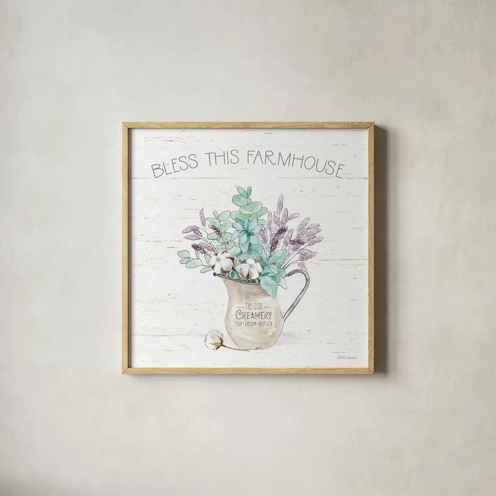 Farmhouse Cotton II by Beth Grove. Shown in a natural wood glass frame for a timeless modern aesthetic. Available as an archival giclee rolled canvas, fine art paper, or poster print. SKU 50896a.