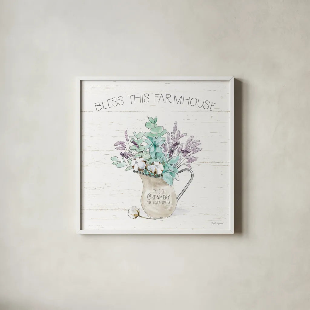 Farmhouse Cotton II by Beth Grove. Shown in a crisp white glass frame for a clean and minimalist style. Available as an archival giclee rolled canvas, fine art paper, or poster print. SKU 50896a.