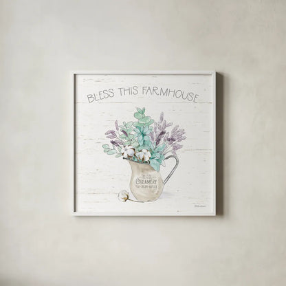 Farmhouse Cotton II by Beth Grove. Shown in a crisp white glass frame for a clean and minimalist style. Available as an archival giclee rolled canvas, fine art paper, or poster print. SKU 50896a.