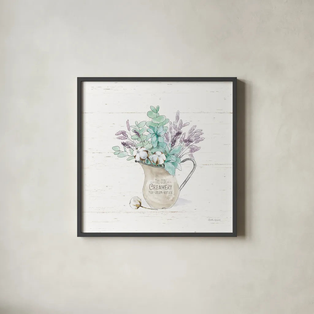 Farmhouse Cotton II No Words by Beth Grove. Shown in a sleek black glass frame for a contemporary gallery look. Available as an archival giclee rolled canvas, fine art paper, or poster print. SKU 59734a.