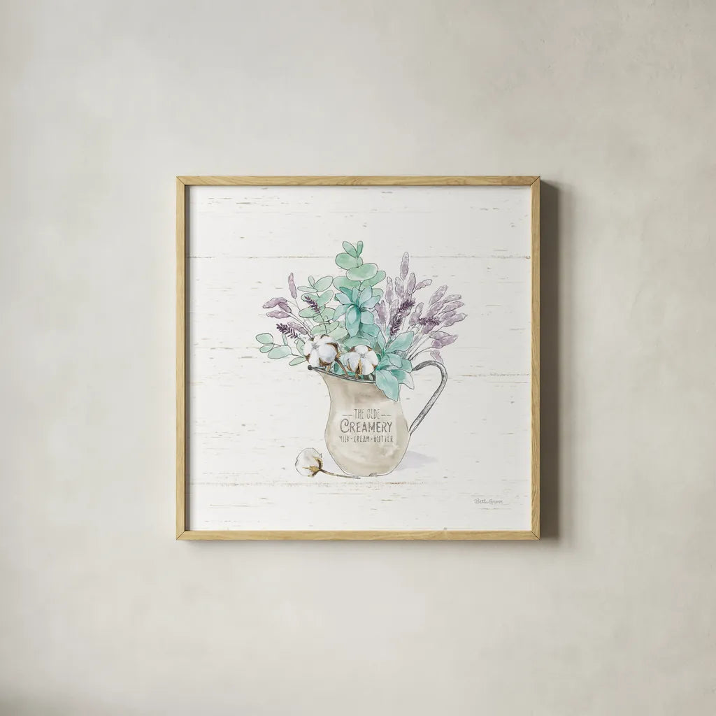 Farmhouse Cotton II No Words by Beth Grove. Shown in a natural wood glass frame for a timeless modern aesthetic. Available as an archival giclee rolled canvas, fine art paper, or poster print. SKU 59734a.