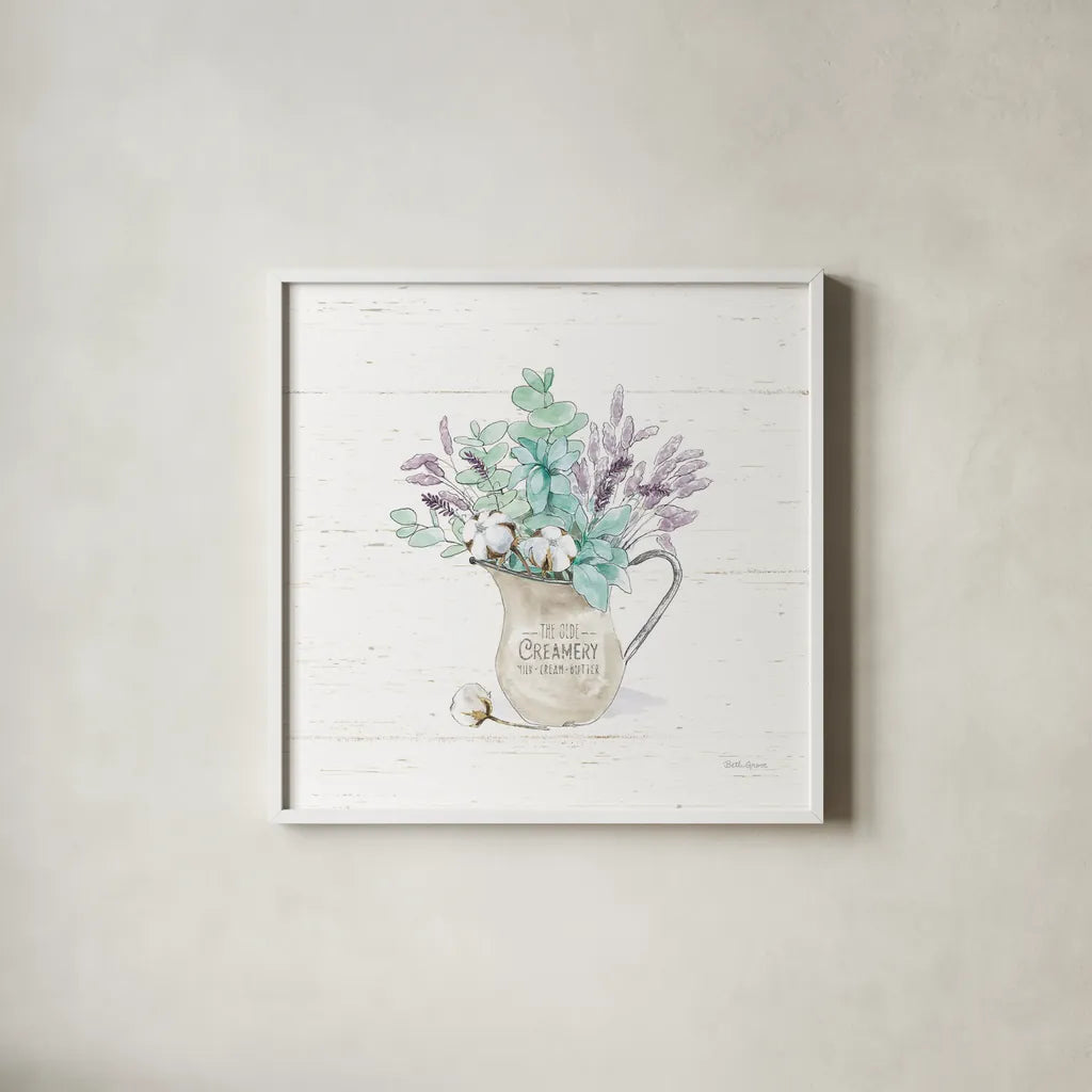 Farmhouse Cotton II No Words by Beth Grove. Shown in a crisp white glass frame for a clean and minimalist style. Available as an archival giclee rolled canvas, fine art paper, or poster print. SKU 59734a.