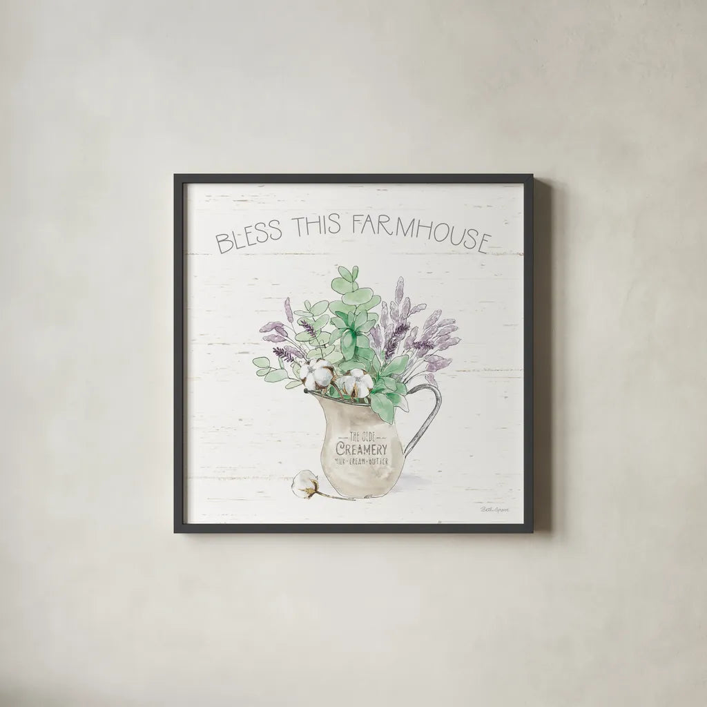 Farmhouse Cotton II Sage by Beth Grove. Shown in a sleek black glass frame for a contemporary gallery look. Available as an archival giclee rolled canvas, fine art paper, or poster print. SKU 57449a.