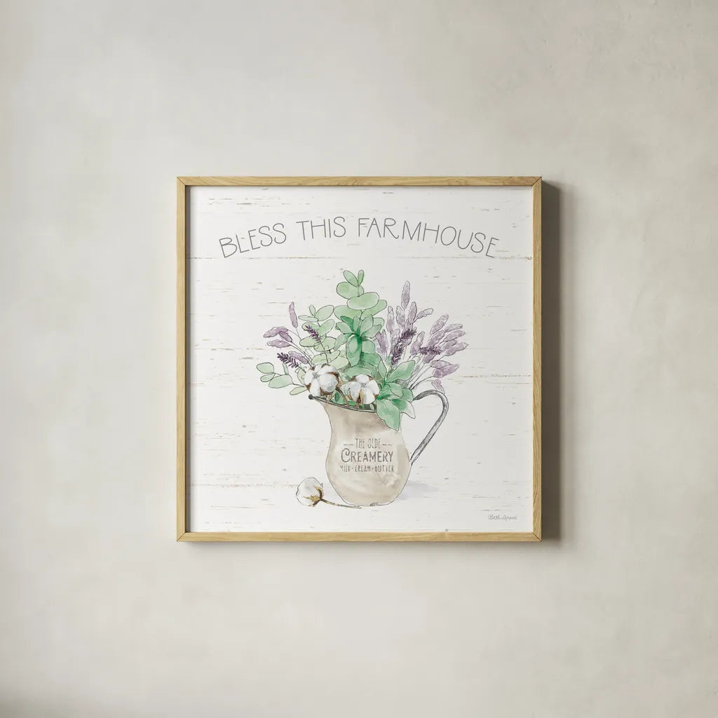 Farmhouse Cotton II Sage by Beth Grove. Shown in a natural wood glass frame for a timeless modern aesthetic. Available as an archival giclee rolled canvas, fine art paper, or poster print. SKU 57449a.
