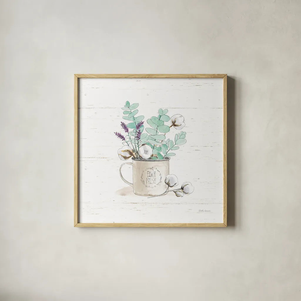 Farmhouse Cotton III No Words by Beth Grove. Shown in a natural wood glass frame for a timeless modern aesthetic. Available as an archival giclee rolled canvas, fine art paper, or poster print. SKU 59735a.