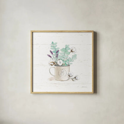 Farmhouse Cotton III No Words by Beth Grove. Shown in a natural wood glass frame for a timeless modern aesthetic. Available as an archival giclee rolled canvas, fine art paper, or poster print. SKU 59735a.