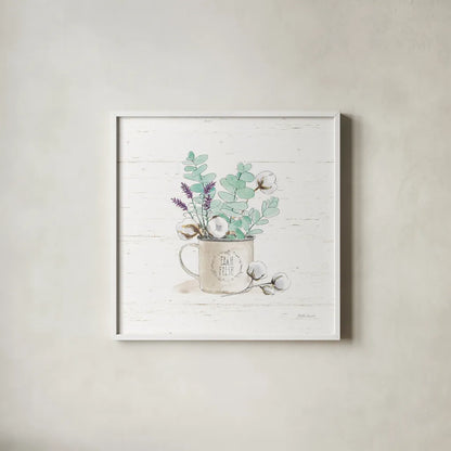 Farmhouse Cotton III No Words by Beth Grove. Shown in a crisp white glass frame for a clean and minimalist style. Available as an archival giclee rolled canvas, fine art paper, or poster print. SKU 59735a.