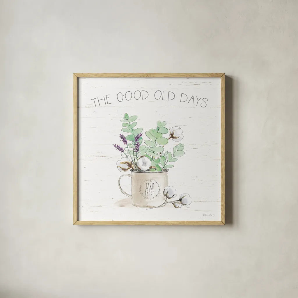 Farmhouse Cotton III Sage by Beth Grove. Shown in a natural wood glass frame for a timeless modern aesthetic. Available as an archival giclee rolled canvas, fine art paper, or poster print. SKU 57450a.