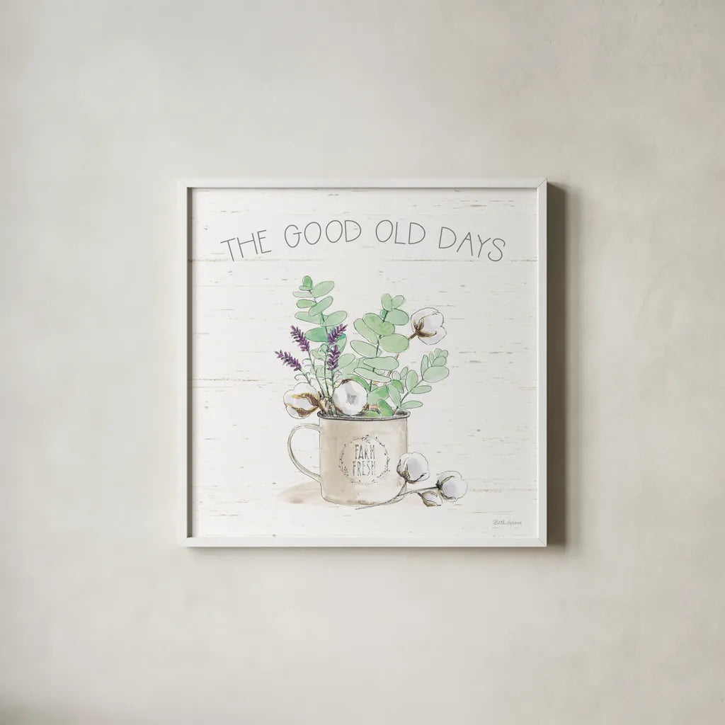 Farmhouse Cotton III Sage by Beth Grove. Shown in a crisp white glass frame for a clean and minimalist style. Available as an archival giclee rolled canvas, fine art paper, or poster print. SKU 57450a.