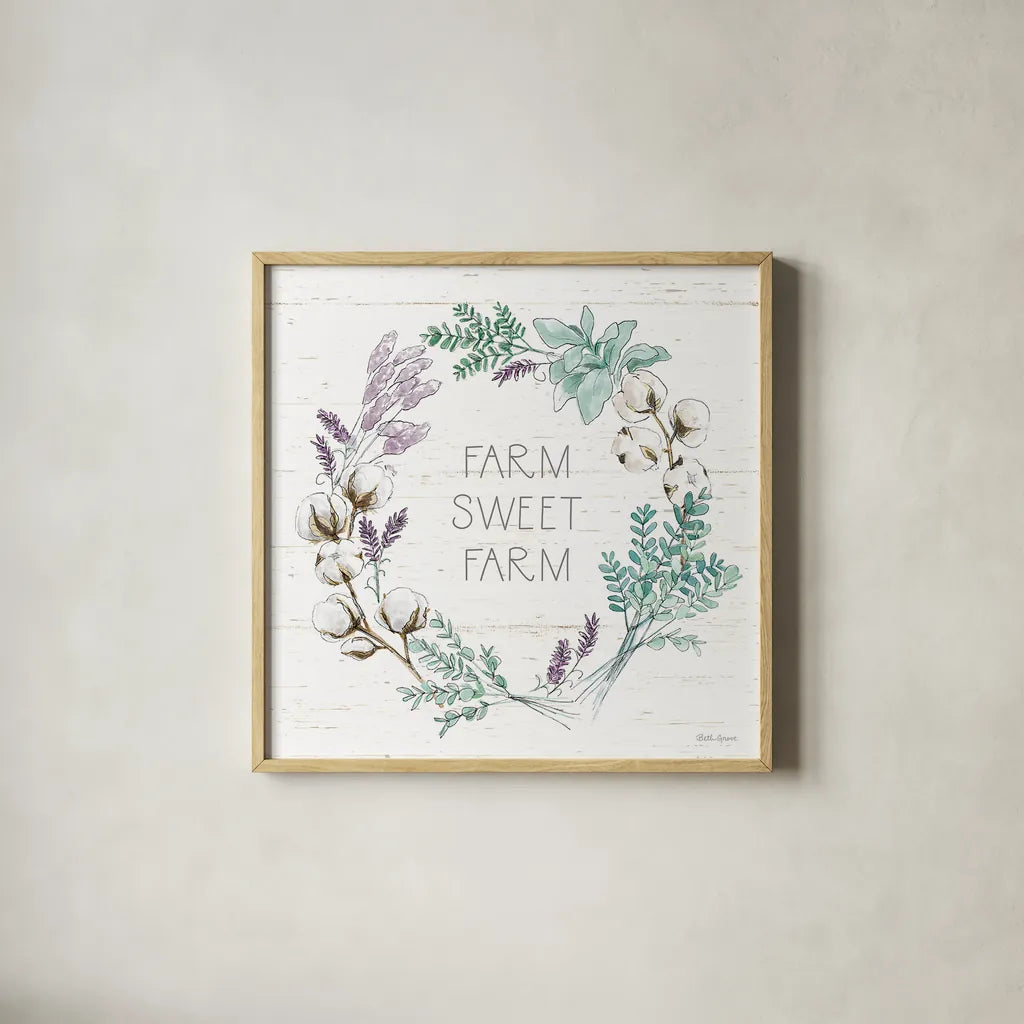 Farmhouse Cotton VIII by Beth Grove. Shown in a natural wood glass frame for a timeless modern aesthetic. Available as an archival giclee rolled canvas, fine art paper, or poster print. SKU 50902a.