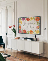 Farmhouse Floral I by Beth Grove. shown as a framed stretched canvas in a living room above a console. Available as a archival giclee rolled canvas, fine art paper, or poster print. SKU 56719i.