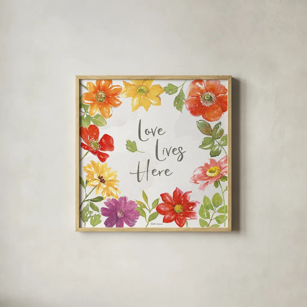 Farmhouse Floral III by Beth Grove. Shown in a natural wood glass frame for a timeless modern aesthetic. Available as an archival giclee rolled canvas, fine art paper, or poster print. SKU 56721a.