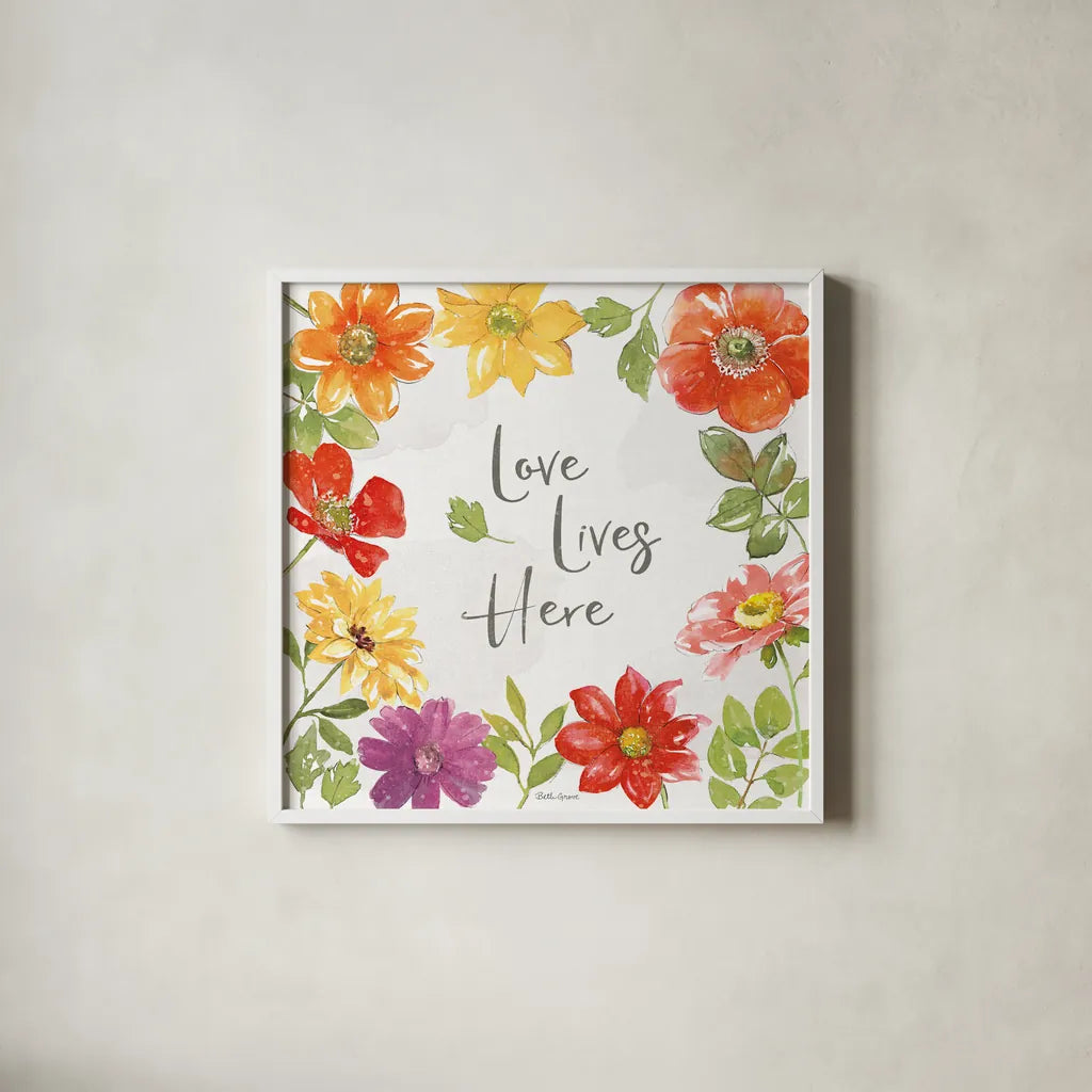 Farmhouse Floral III by Beth Grove. Shown in a crisp white glass frame for a clean and minimalist style. Available as an archival giclee rolled canvas, fine art paper, or poster print. SKU 56721a.