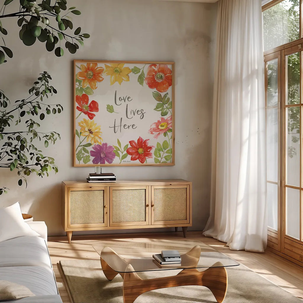 Farmhouse Floral III by Beth Grove. Shown in a natural wood frame in a cozy modern living room. Available as an archival giclee rolled canvas, fine art paper, or poster print. SKU 56721a.