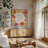 Farmhouse Floral III by Beth Grove. Shown in a natural wood frame in a cozy modern living room. Available as an archival giclee rolled canvas, fine art paper, or poster print. SKU 56721a.