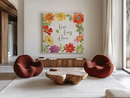 Farmhouse Floral III by Beth Grove. Shown as extra-large giant wall art in a modern living room. Available as an archival giclee rolled canvas, fine art paper, or poster print. SKU 56721a.