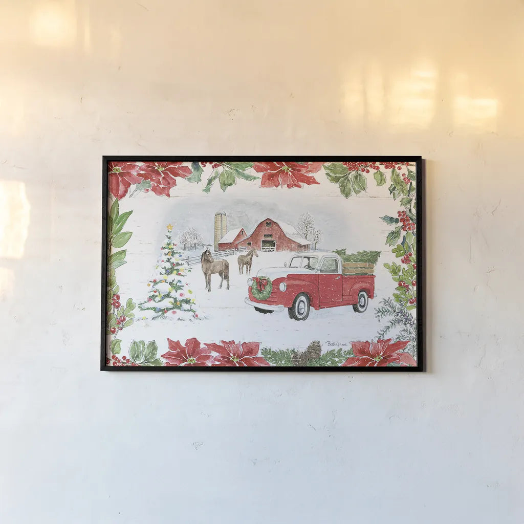 Farmhouse Holidays I by Beth Grove. shown as a paper print in a black flame. Available as a archival giclee rolled canvas, fine art paper, or poster print. SKU 45567i.
