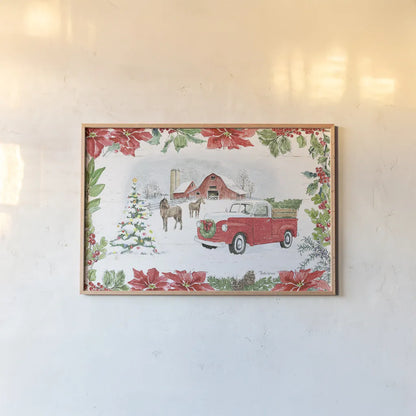 Farmhouse Holidays I by Beth Grove. shown as a paper print in a natural frame. Available as a archival giclee rolled canvas, fine art paper, or poster print. SKU 45567i.
