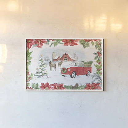 Farmhouse Holidays I by Beth Grove. shown as a paper print in a white frame. Available as a archival giclee rolled canvas, fine art paper, or poster print. SKU 45567i.
