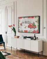 Farmhouse Holidays II by Beth Grove. shown as a framed stretched canvas in a living room above a console. Available as a archival giclee rolled canvas, fine art paper, or poster print. SKU 45568i.