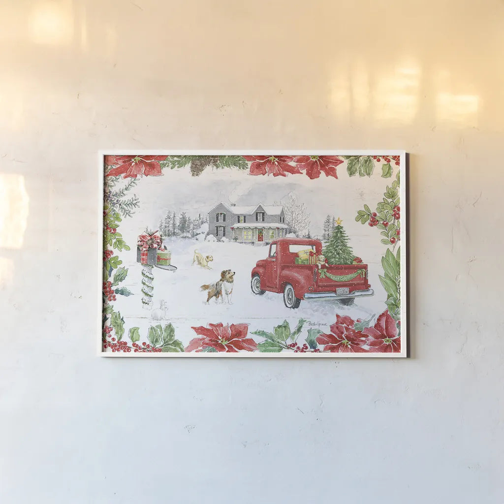 Farmhouse Holidays II by Beth Grove. shown as a paper print in a white frame. Available as a archival giclee rolled canvas, fine art paper, or poster print. SKU 45568i.