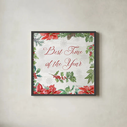 Farmhouse Holidays III by Beth Grove. Shown in a sleek black glass frame for a contemporary gallery look. Available as an archival giclee rolled canvas, fine art paper, or poster print. SKU 45569a.