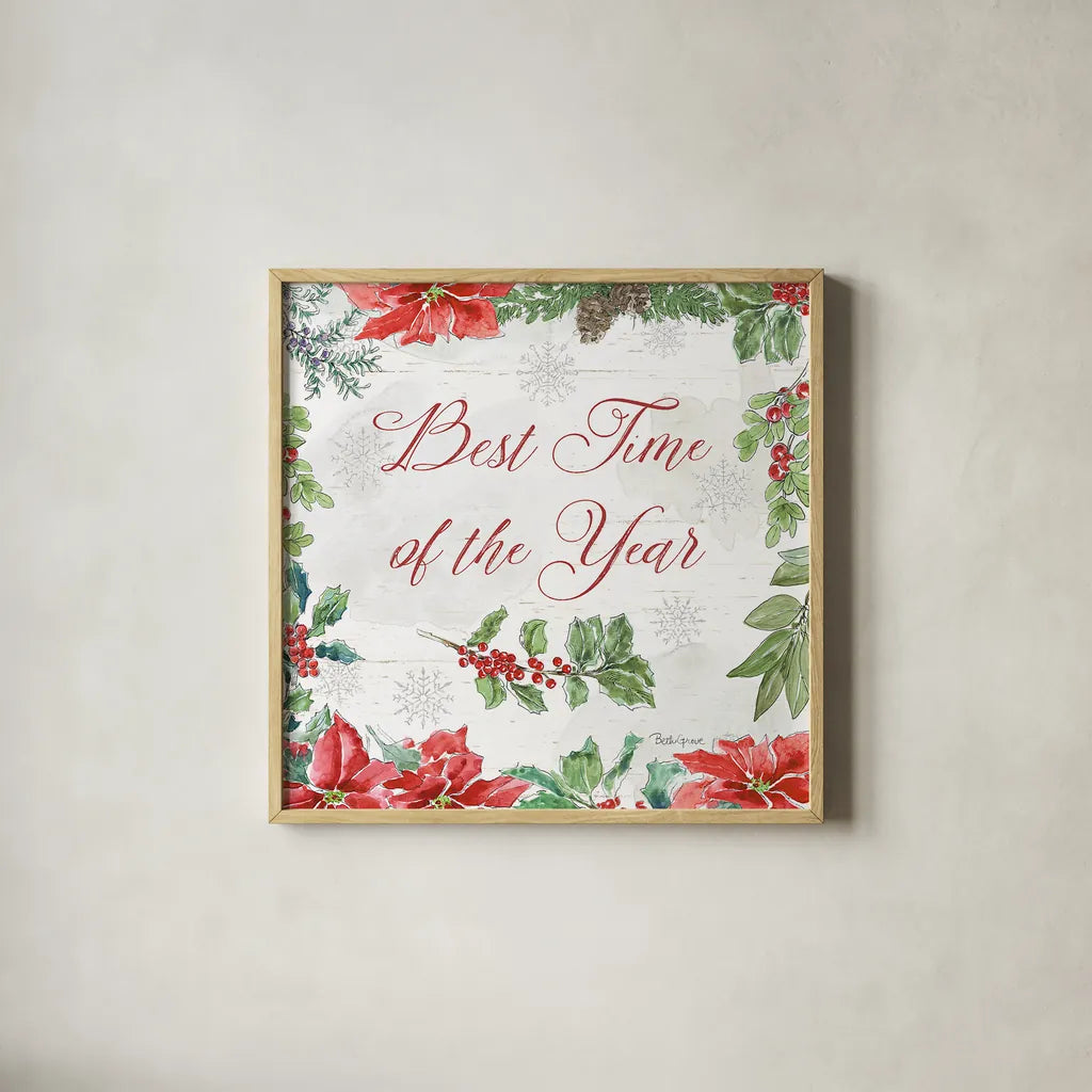 Farmhouse Holidays III by Beth Grove. Shown in a natural wood glass frame for a timeless modern aesthetic. Available as an archival giclee rolled canvas, fine art paper, or poster print. SKU 45569a.