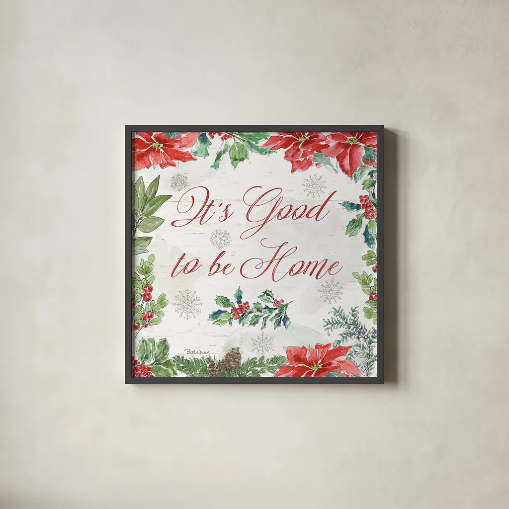 Farmhouse Holidays IV by Beth Grove. Shown in a sleek black glass frame for a contemporary gallery look. Available as an archival giclee rolled canvas, fine art paper, or poster print. SKU 45570a.