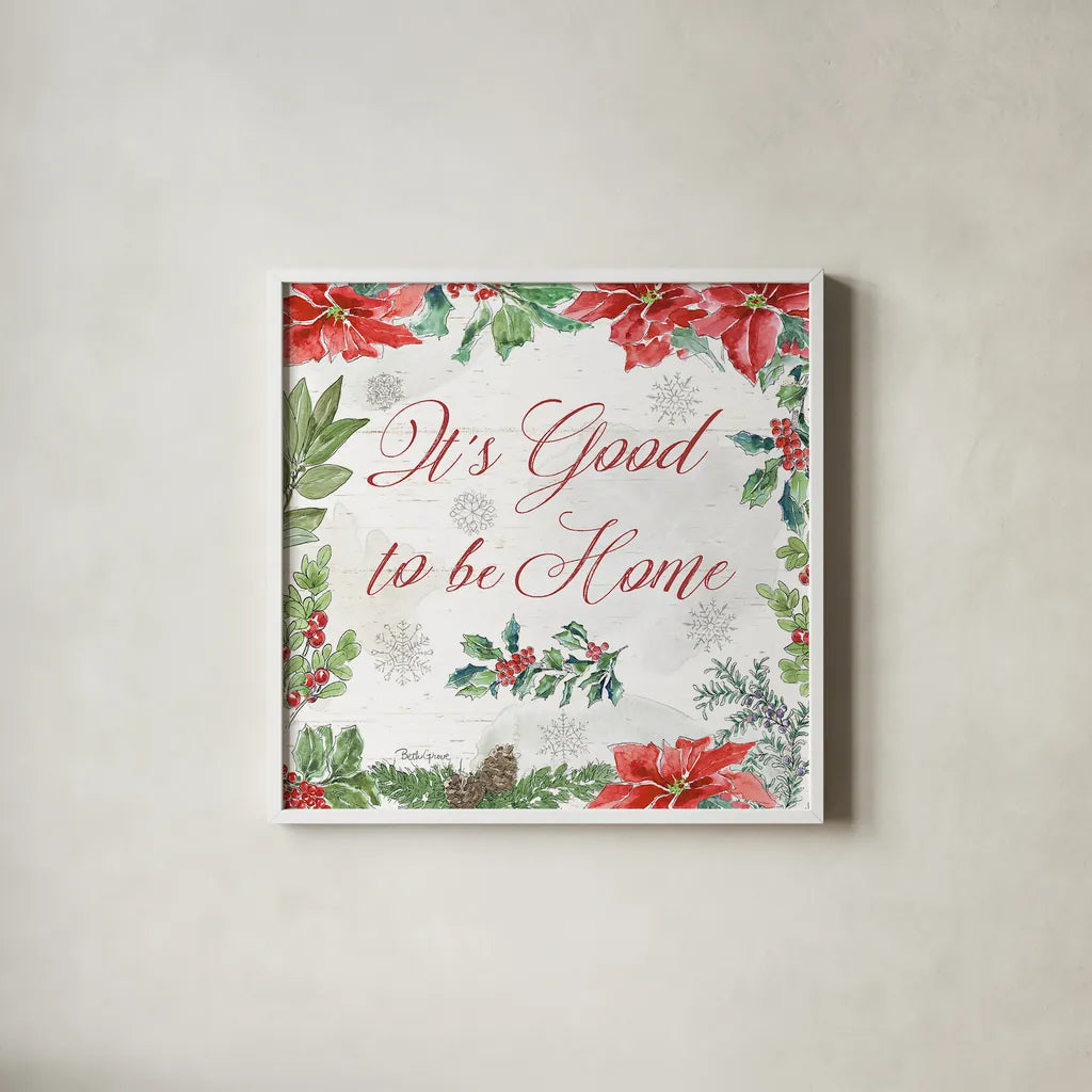 Farmhouse Holidays IV by Beth Grove. Shown in a crisp white glass frame for a clean and minimalist style. Available as an archival giclee rolled canvas, fine art paper, or poster print. SKU 45570a.