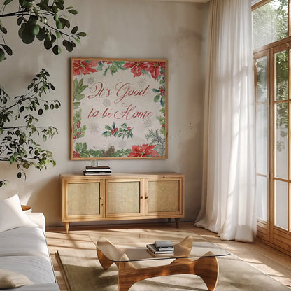 Farmhouse Holidays IV by Beth Grove. Shown in a natural wood frame in a cozy modern living room. Available as an archival giclee rolled canvas, fine art paper, or poster print. SKU 45570a.