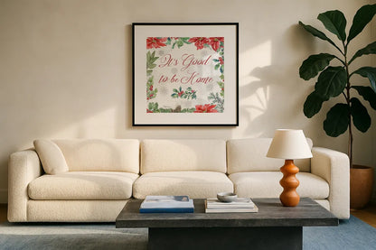 Farmhouse Holidays IV by Beth Grove. Displayed in a glass frame with matte in a clean modern living room. Available as an archival giclee rolled canvas, fine art paper, or poster print. SKU 45570a.