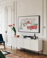 Farmhouse Holidays V by Beth Grove. shown as a framed stretched canvas in a living room above a console. Available as a archival giclee rolled canvas, fine art paper, or poster print. SKU 45571i.