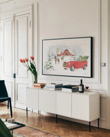 Farmhouse Holidays V no Words by Beth Grove. shown as a framed stretched canvas in a living room above a console. Available as a archival giclee rolled canvas, fine art paper, or poster print. SKU 81961i.