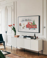 Farmhouse Holidays VI No Words by Beth Grove. shown as a framed stretched canvas in a living room above a console. Available as a archival giclee rolled canvas, fine art paper, or poster print. SKU 66637i.