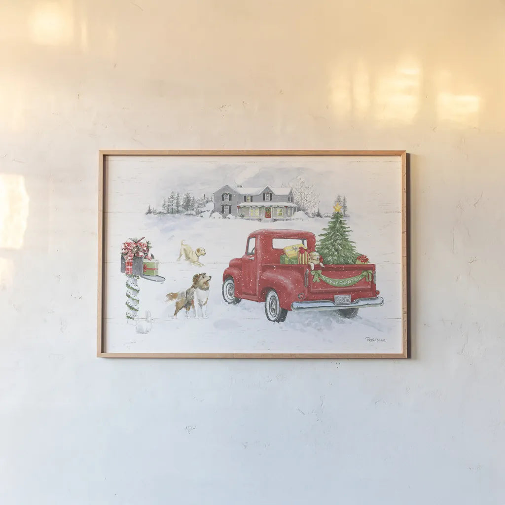 Farmhouse Holidays VI No Words by Beth Grove. shown as a paper print in a natural frame. Available as a archival giclee rolled canvas, fine art paper, or poster print. SKU 66637i.