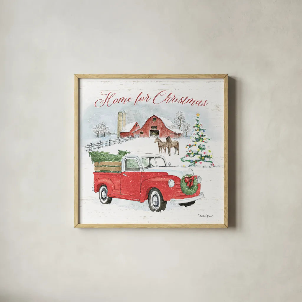 Farmhouse Holidays VII by Beth Grove. Shown in a natural wood glass frame for a timeless modern aesthetic. Available as an archival giclee rolled canvas, fine art paper, or poster print. SKU 45573a.